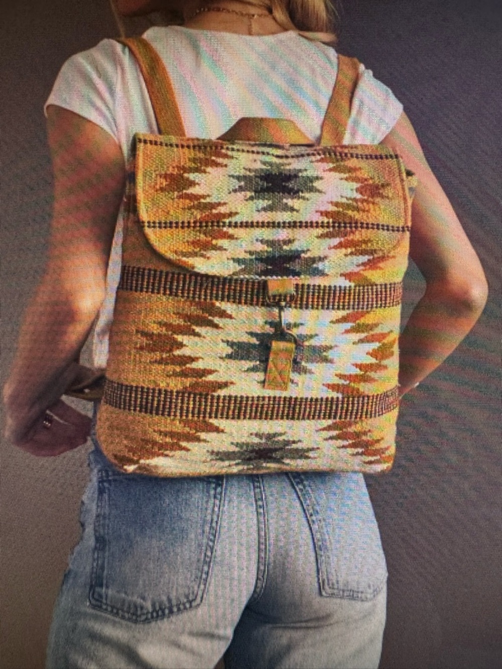 Panache Aztec-Print Canvas Backpack in Mustard and Cream